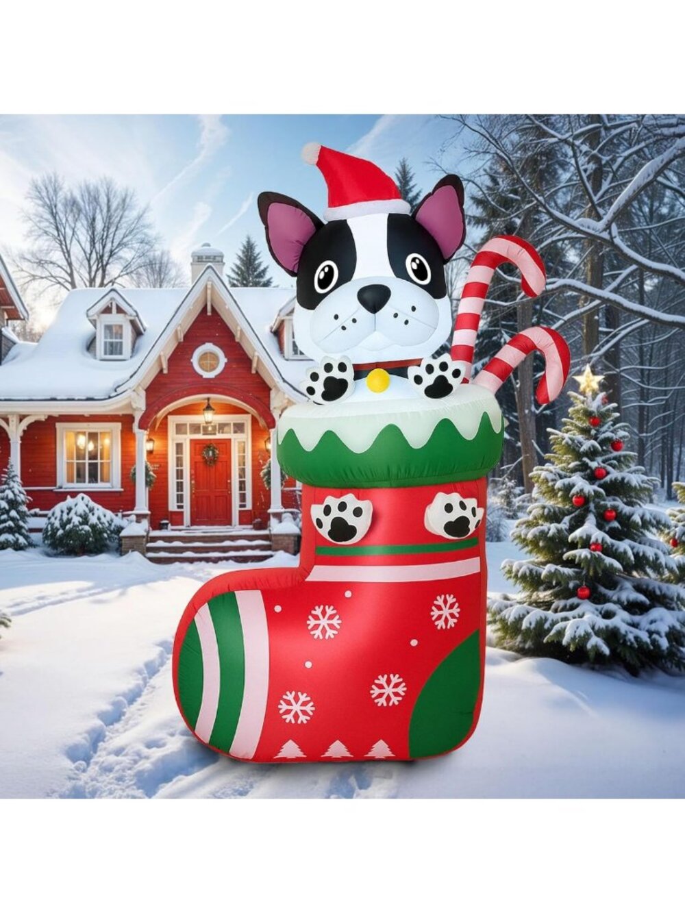 6FT Christmas Inflatable Dog in Stocking with LED Lights & Candy Cane - Holiday